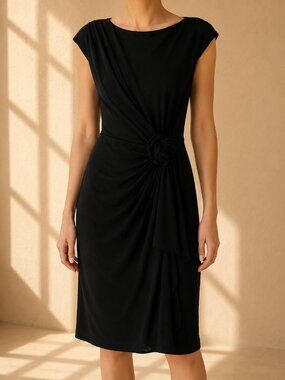 Jones & Co. Black Ruched Floral Midi Dress (Women's S)
